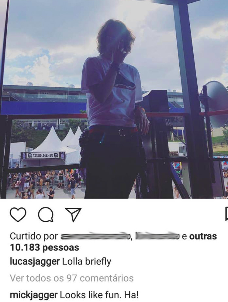 Mick Jagger comenta a foto do Instagram de Lucas Jagger no Lollapalooza It Mãe